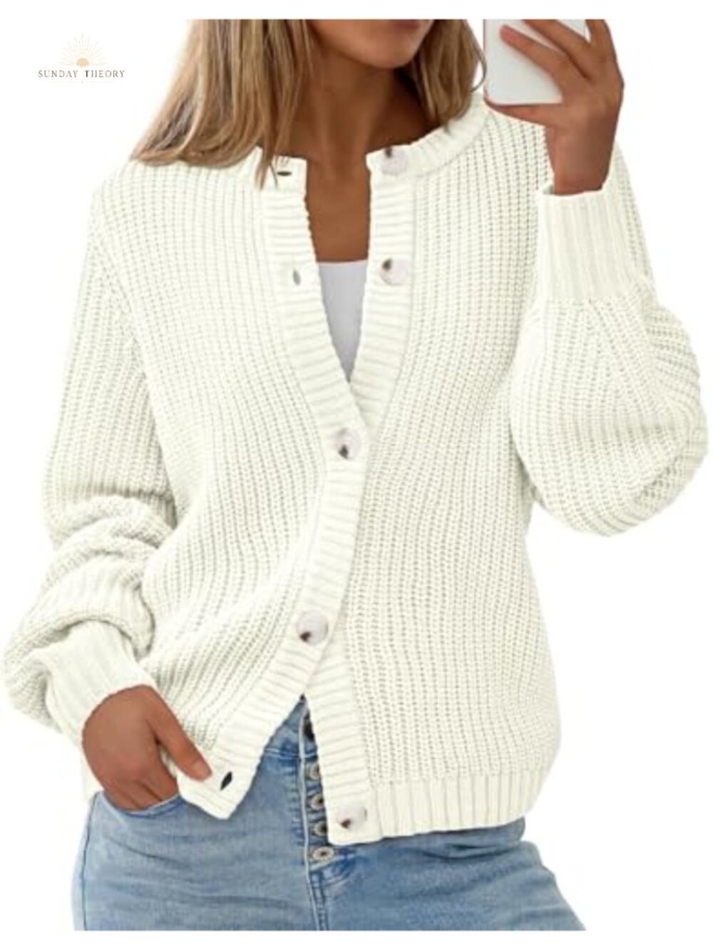 Chunky Knit Button Up Cardigan Sweater Crewneck Ribbed Knit Loose Fit
